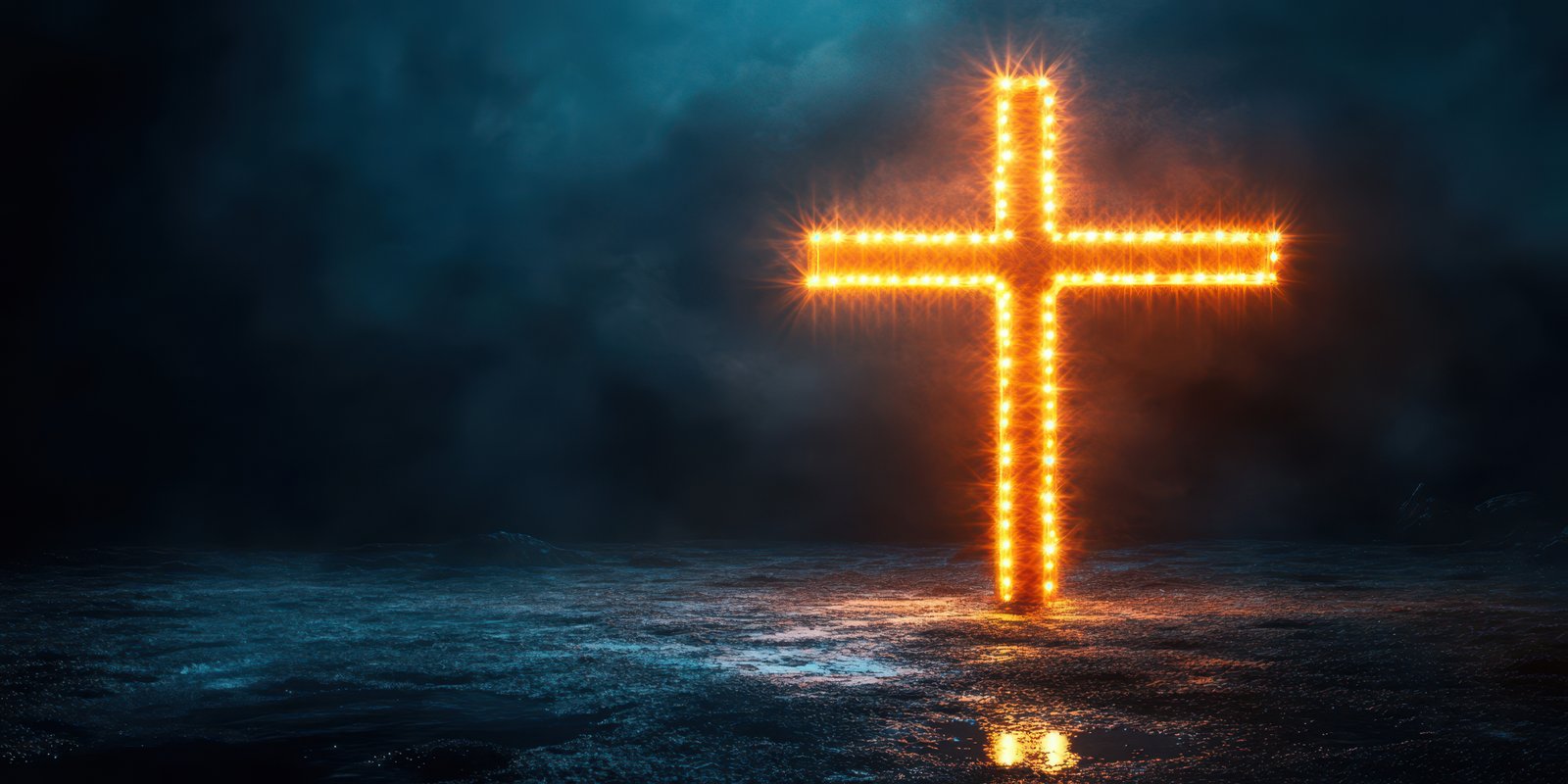 Bright glowing cross illuminates dark landscape during nighttime